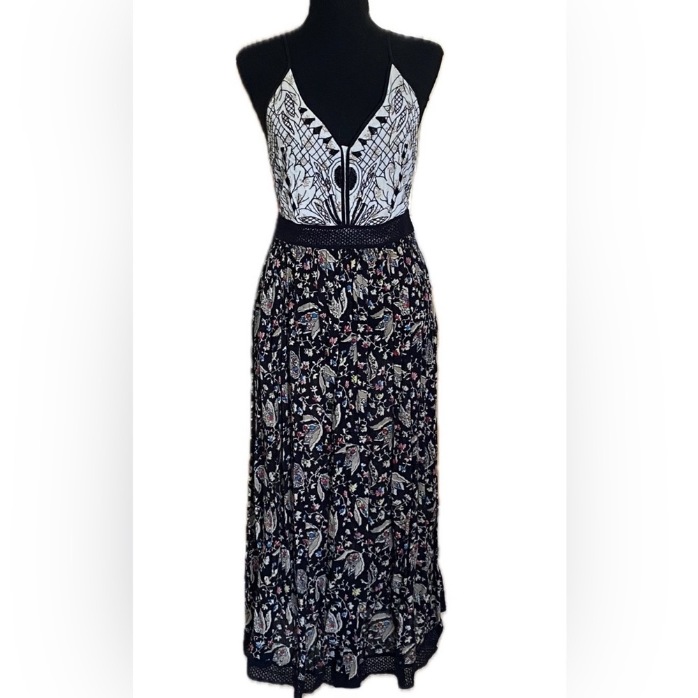 UO Ecote Floral Embroidered Criss Cross Strap A-line Boho Festival Midi Dress